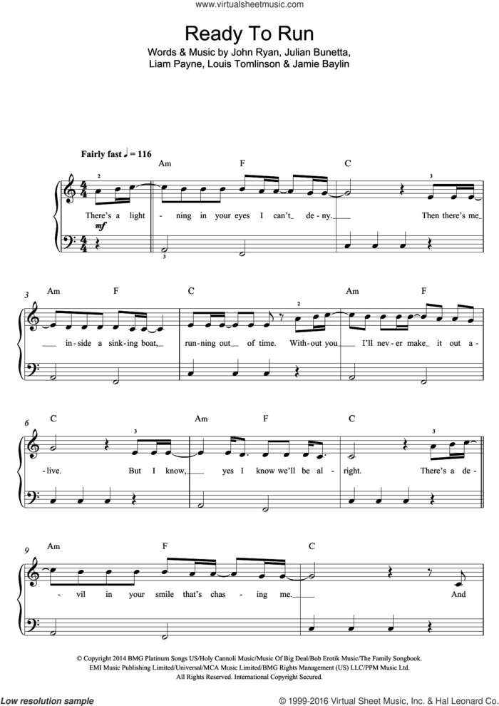 Ready To Run sheet music for piano solo by One Direction, Jamie Baylin, John Ryan, Julian Bunetta, Liam Payne and Louis Tomlinson, easy skill level