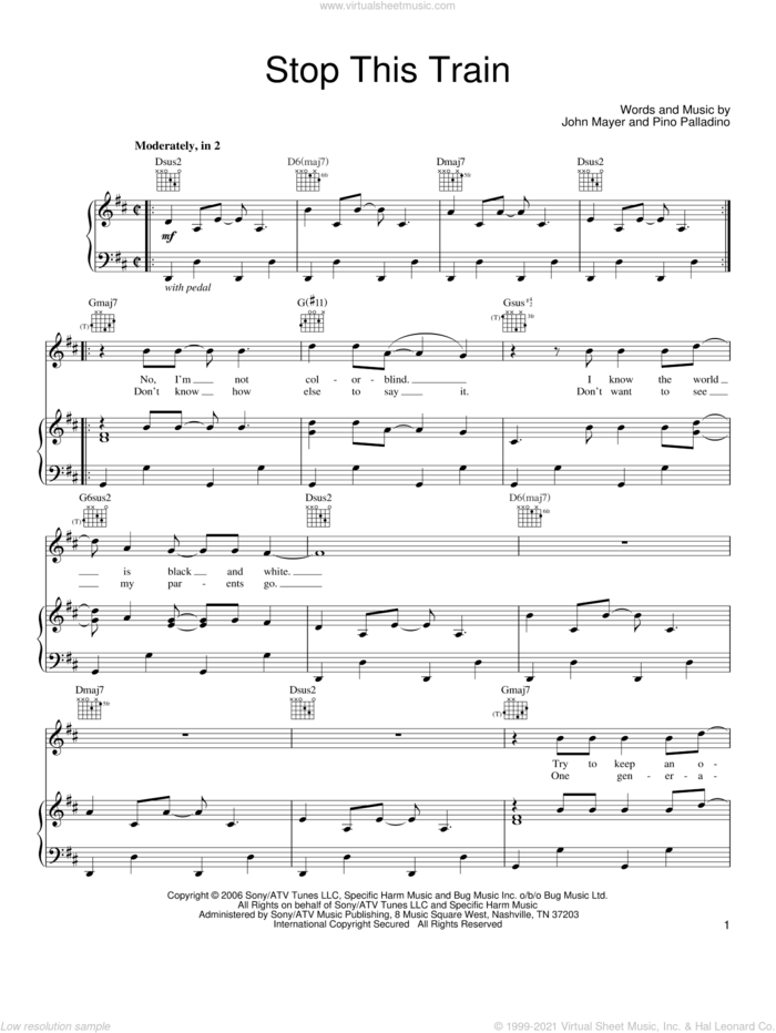 Stop This Train sheet music for voice, piano or guitar by John Mayer and Pino Palladino, intermediate skill level