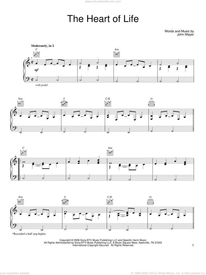 The Heart Of Life sheet music for voice, piano or guitar by John Mayer, intermediate skill level