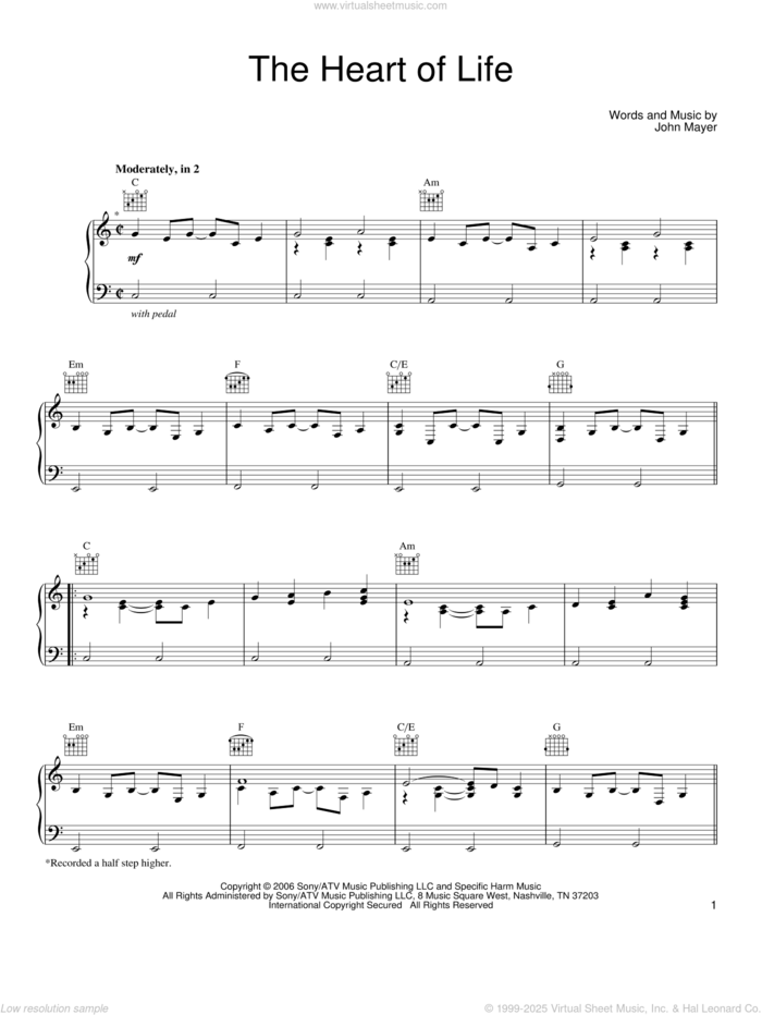 The Heart Of Life sheet music for voice, piano or guitar by John Mayer, intermediate skill level