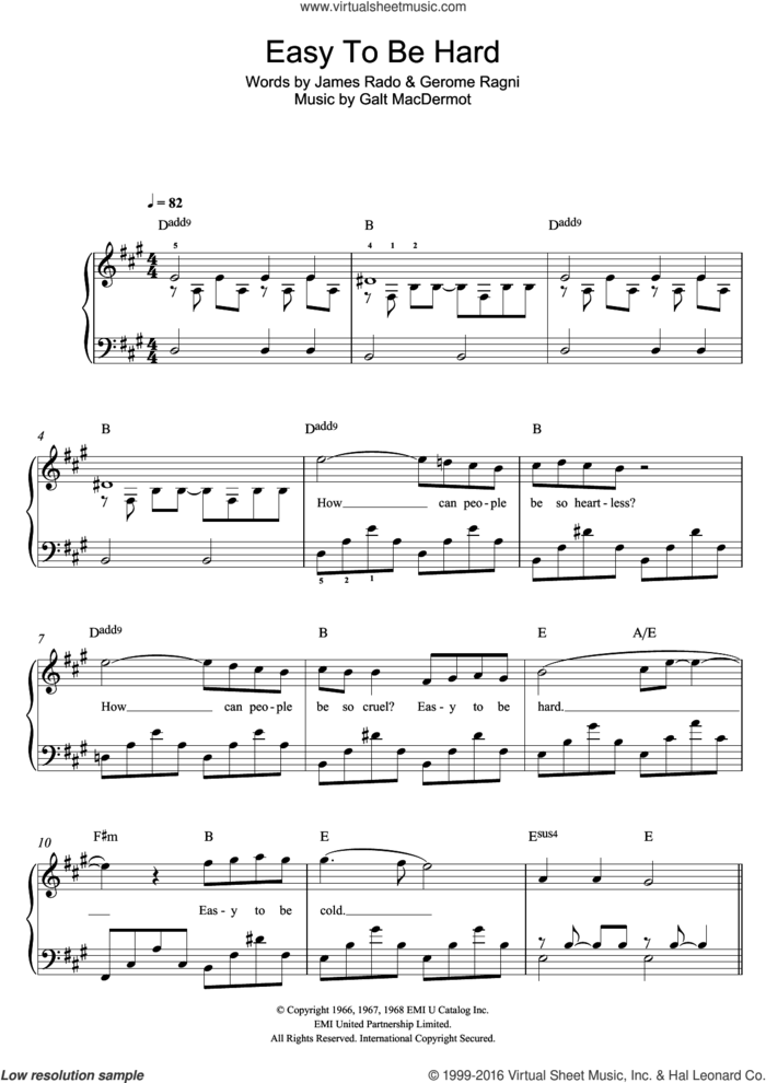 Easy To Be Hard (from 'Hair') sheet music for piano solo by Galt MacDermot, Gerome Ragni and James Rado, easy skill level