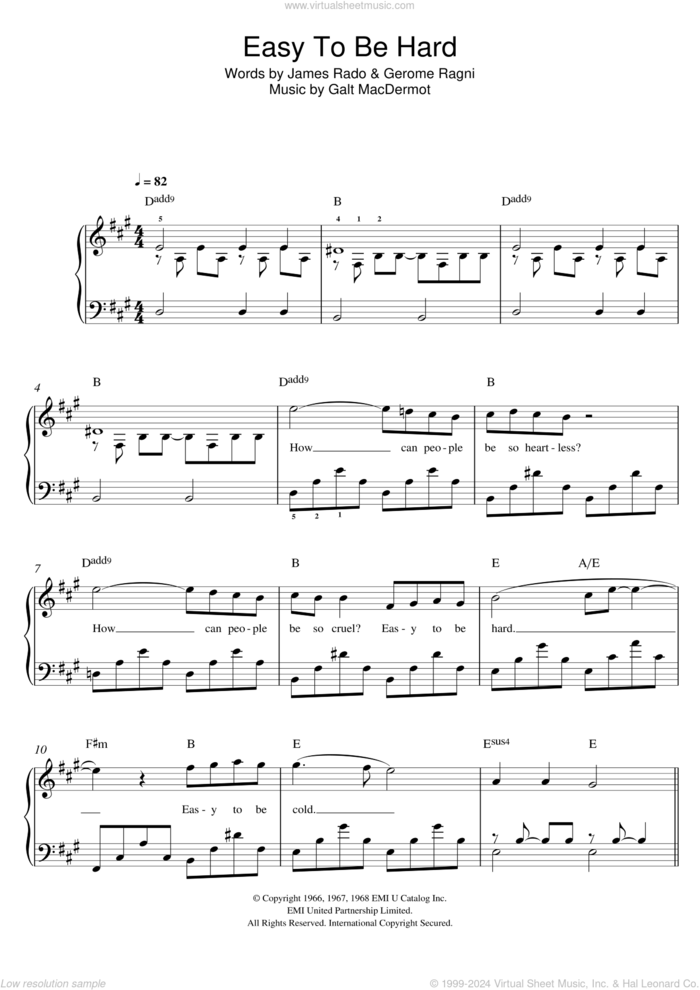 Easy To Be Hard (from 'Hair') sheet music for piano solo by Galt MacDermot, Gerome Ragni and James Rado, easy skill level