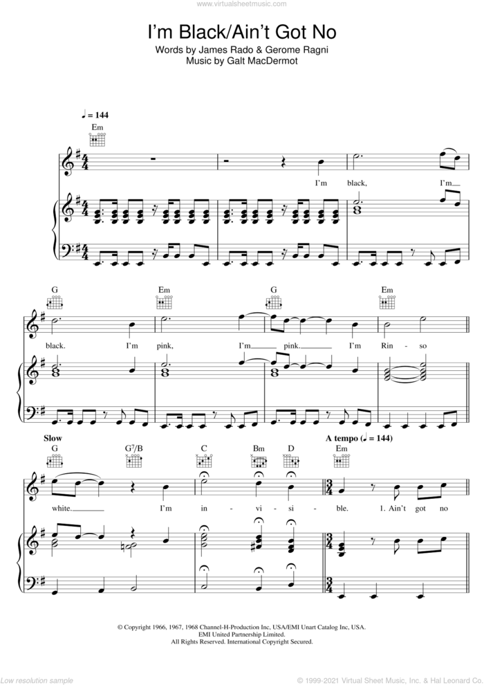 I'm Black/Ain't Got No (from 'Hair') sheet music for voice, piano or guitar by Galt MacDermot, Gerome Ragni and James Rado, intermediate skill level