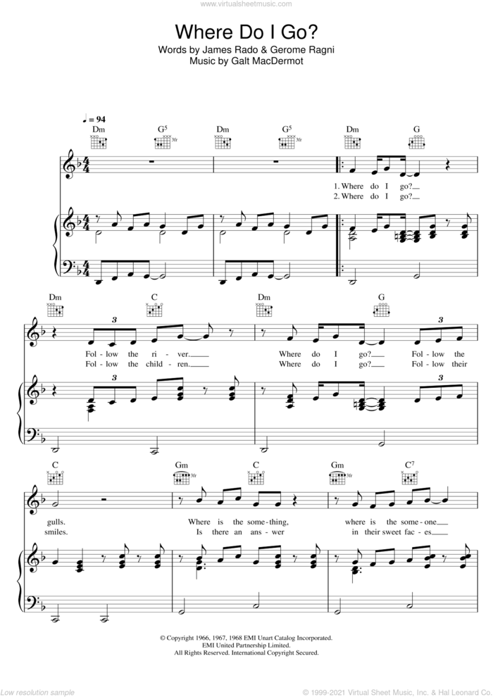 Where Do I Go? (from 'Hair') sheet music for voice, piano or guitar by Galt MacDermot, Gerome Ragni and James Rado, intermediate skill level