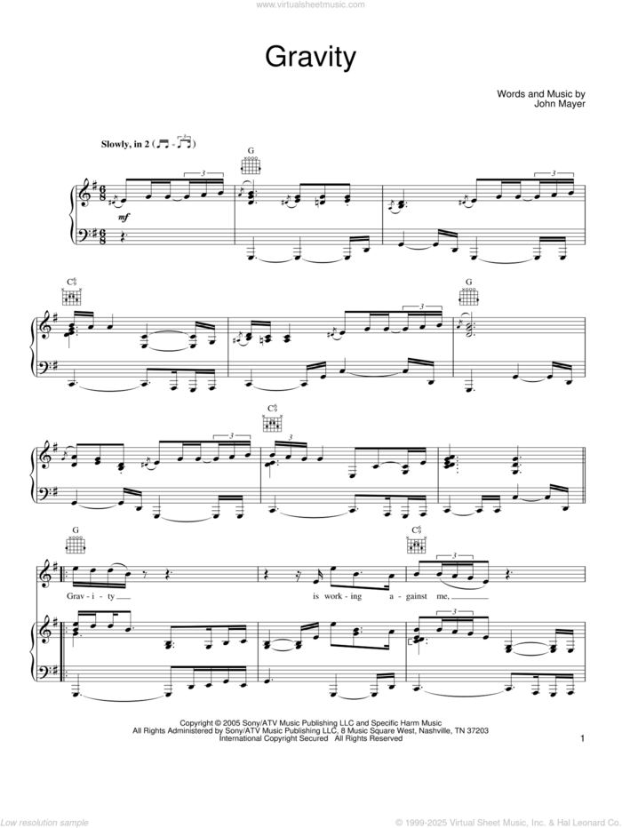 Gravity sheet music for voice, piano or guitar by John Mayer, intermediate skill level