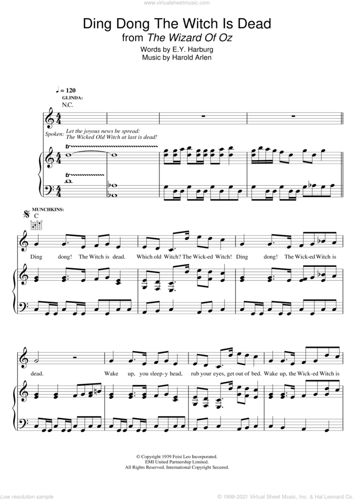 Ding-Dong! The Witch Is Dead (from 'The Wizard Of Oz') sheet music for voice, piano or guitar by Harold Arlen and E.Y. Harburg, intermediate skill level