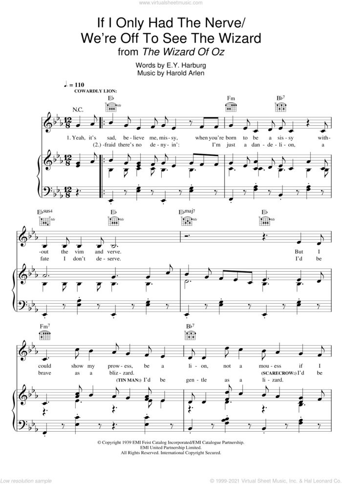 If I Only Had The Nerve/We're Off To See The Wizard (from 'The Wizard Of Oz') sheet music for voice, piano or guitar by Harold Arlen and E.Y. Harburg, intermediate skill level