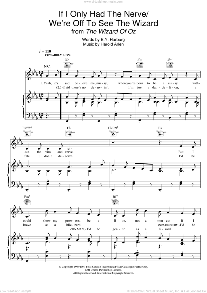 If I Only Had The Nerve/We're Off To See The Wizard (from 'The Wizard Of Oz') sheet music for voice, piano or guitar by Harold Arlen and E.Y. Harburg, intermediate skill level