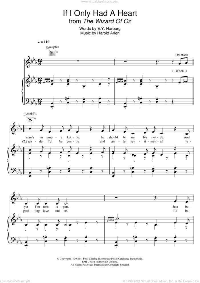 If I Only Had A Heart (from 'The Wizard Of Oz') sheet music for voice, piano or guitar by Harold Arlen and E.Y. Harburg, intermediate skill level