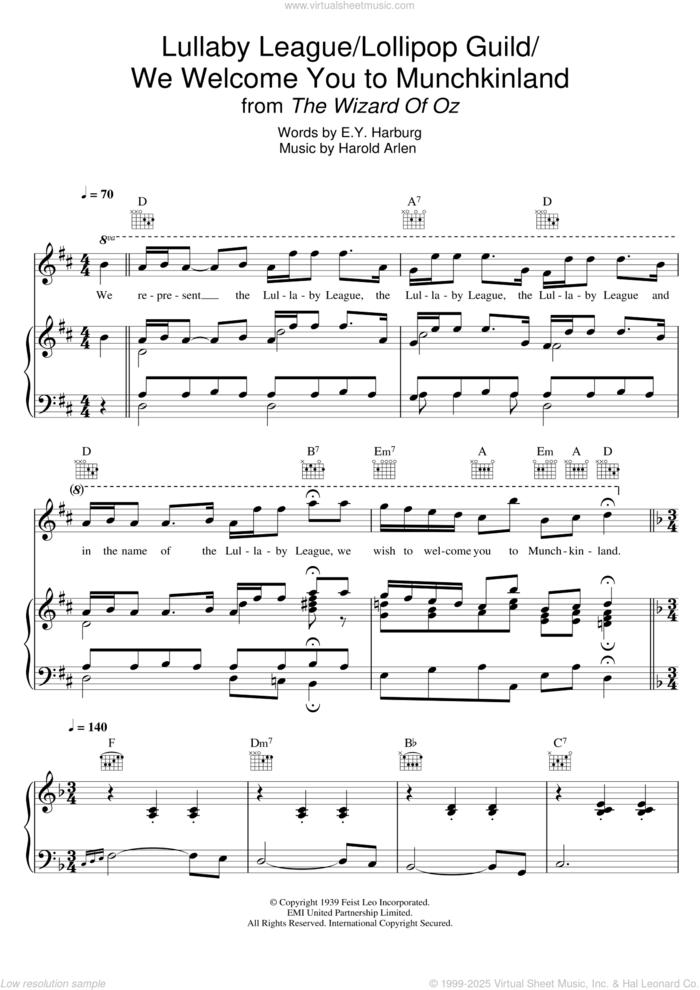 Lullaby League/Lollipop Guild/We Welcome You To Munchkinland (from 'The Wizard Of Oz') sheet music for voice, piano or guitar by Harold Arlen and E.Y. Harburg, intermediate skill level