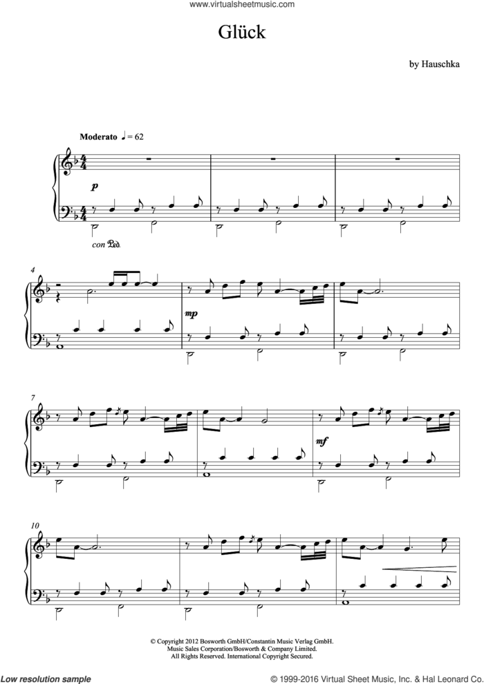 Glueck (Theme) sheet music for piano solo by Hauschka and Volker Bertelmann, classical score, intermediate skill level