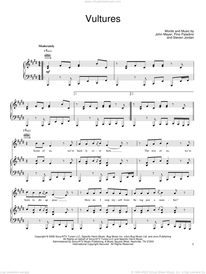 Vultures sheet music for voice, piano or guitar by John Mayer, Pino Paladino and Steve Jordan, intermediate skill level