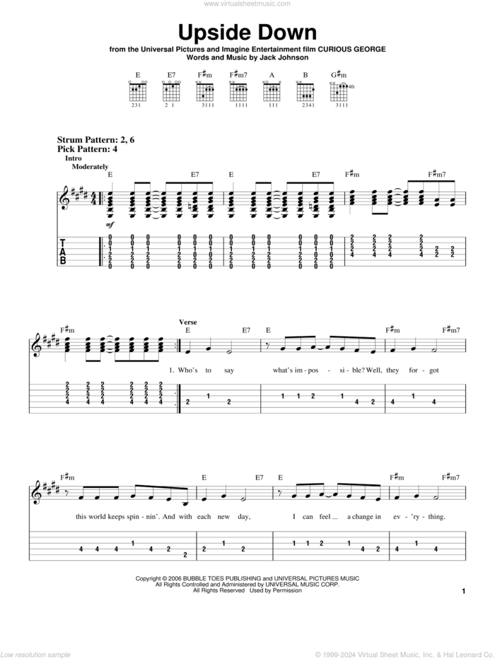 Upside Down sheet music for guitar solo (easy tablature) by Jack Johnson and Curious George (Movie), easy guitar (easy tablature)