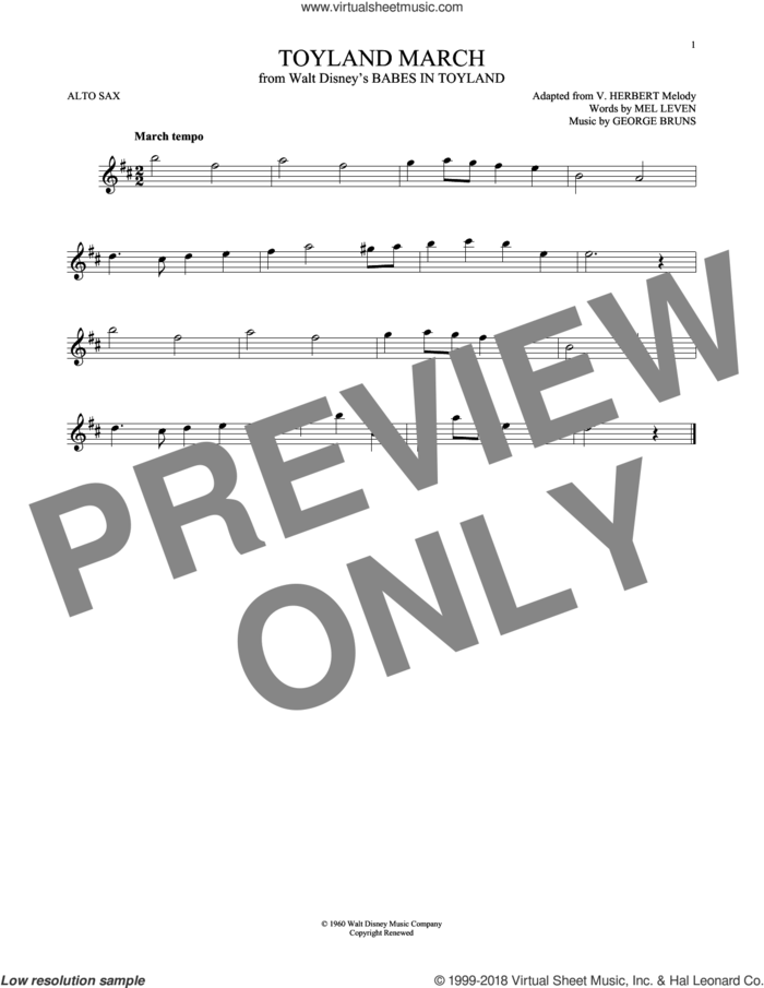 Toyland March sheet music for alto saxophone solo by George Bruns and Mel Leven, intermediate skill level