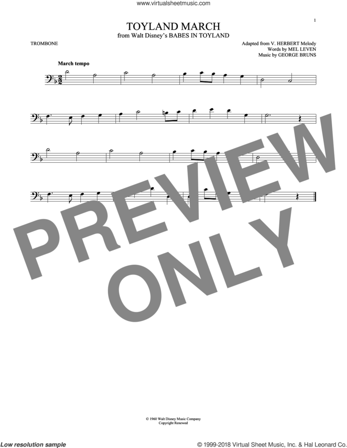 Toyland March (from Babes In Toyland) sheet music for trombone solo by George Bruns, George Bruns & Mel Leven and Mel Leven, intermediate skill level