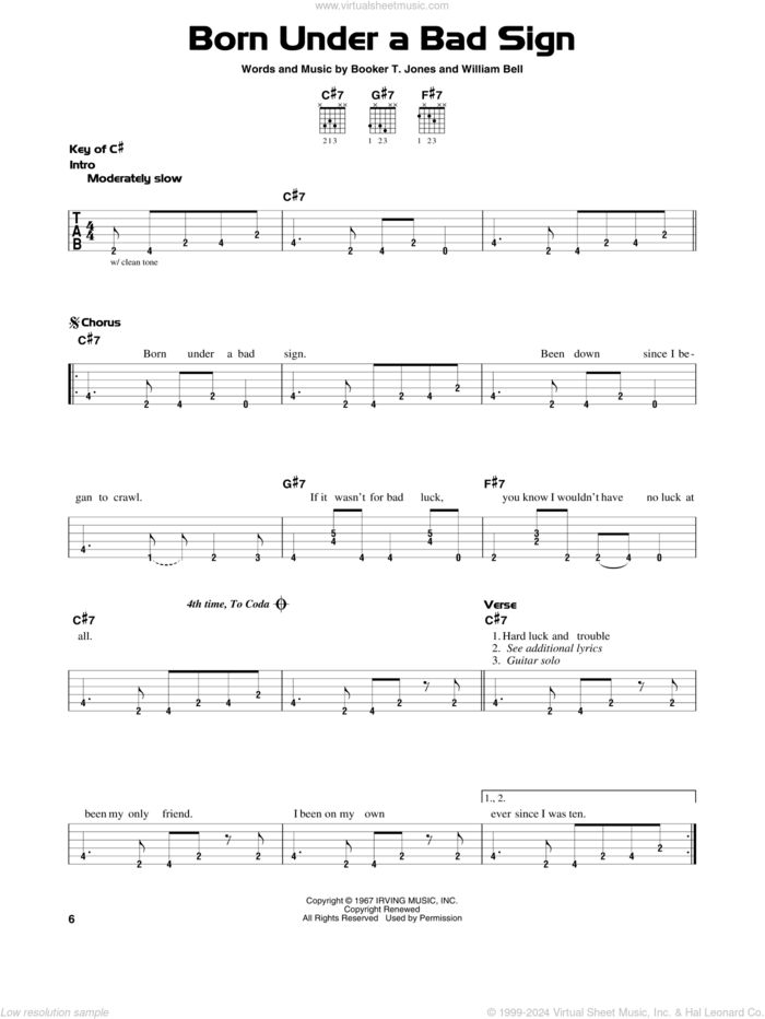 Born Under A Bad Sign sheet music for guitar solo (lead sheet) by Albert King, Booker T. Jones and William Bell, intermediate guitar (lead sheet)