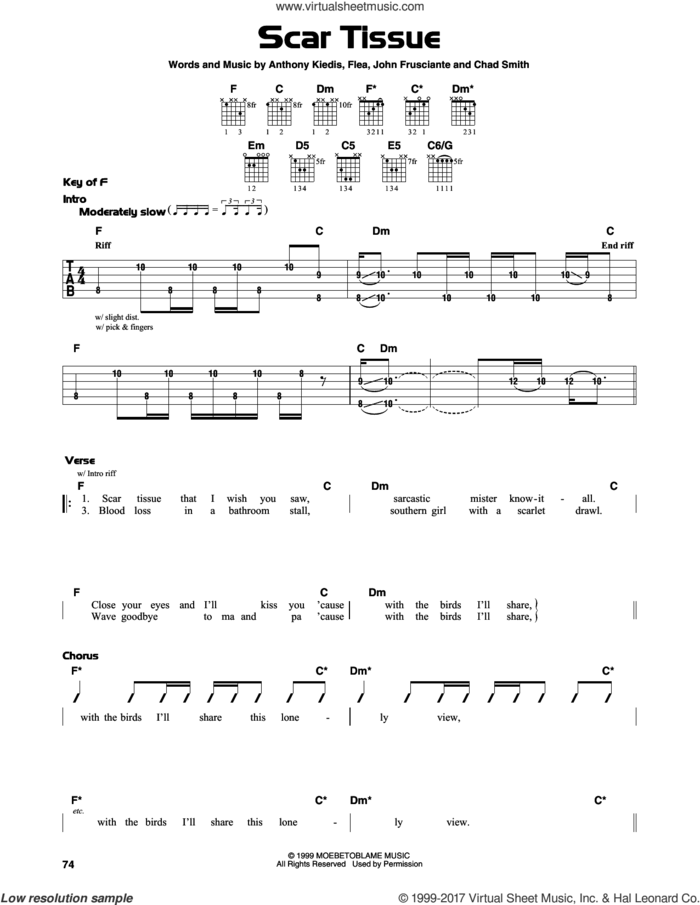 Scar Tissue sheet music for guitar solo (lead sheet) by Red Hot Chili Peppers, Anthony Kiedis, Chad Smith, Flea and John Frusciante, intermediate guitar (lead sheet)