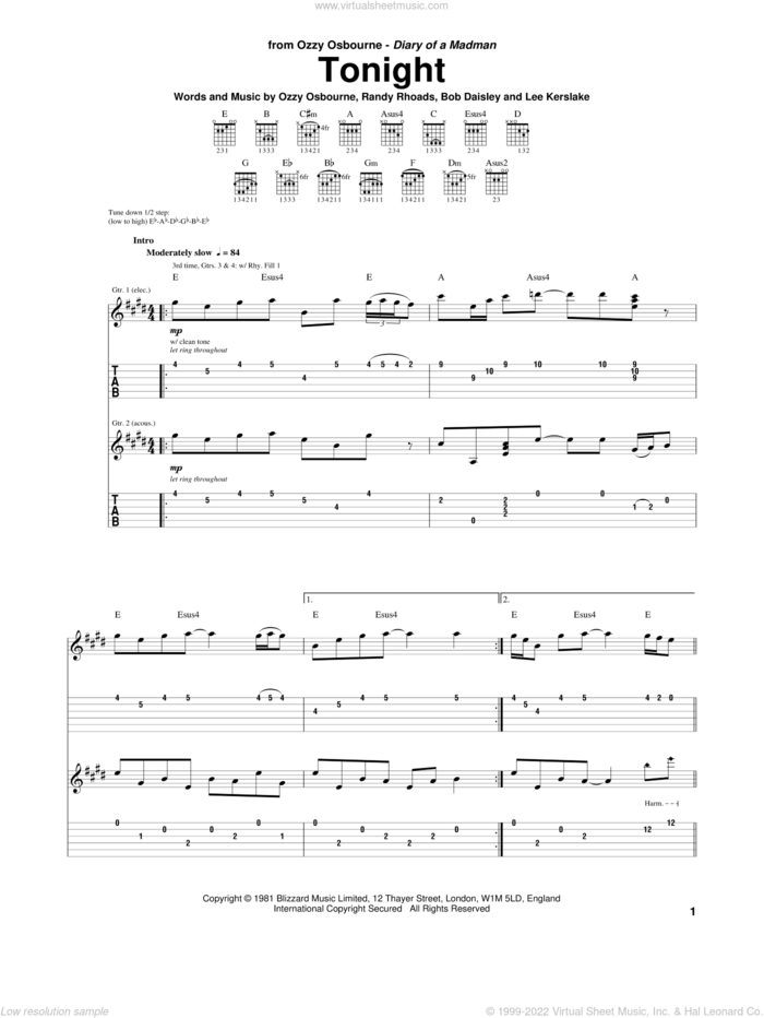 Tonight sheet music for guitar (tablature) by Ozzy Osbourne, Bob Daisley, Lee Kerslake and Randy Rhoads, intermediate skill level