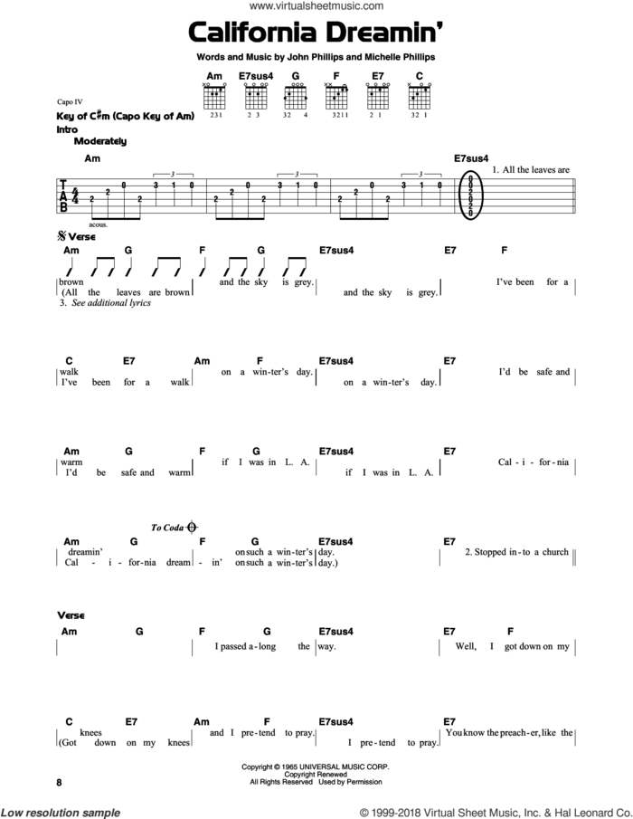 California Dreamin' sheet music for guitar solo (lead sheet) by The Mamas & The Papas, John Phillips and Michelle Phillips, intermediate guitar (lead sheet)