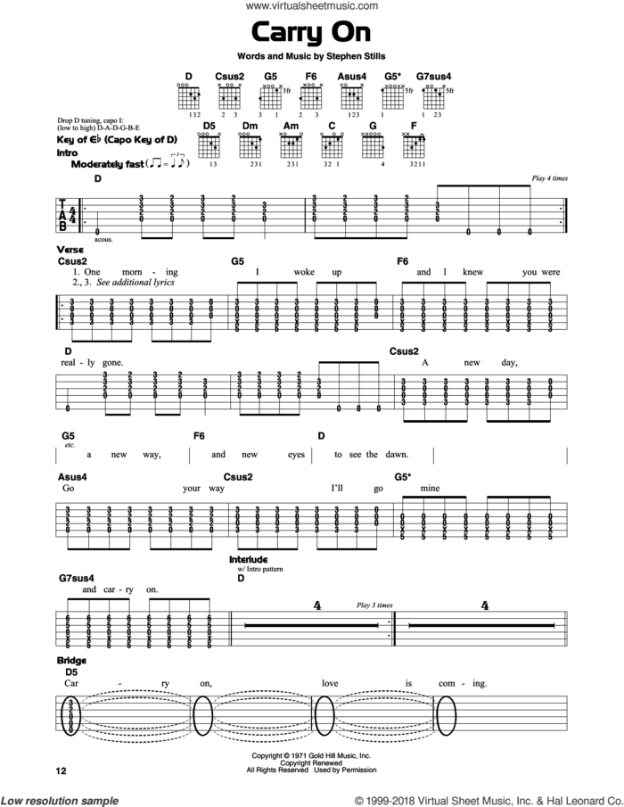 Carry On sheet music for guitar solo (lead sheet) by Crosby, Stills & Nash and Stephen Stills, intermediate guitar (lead sheet)