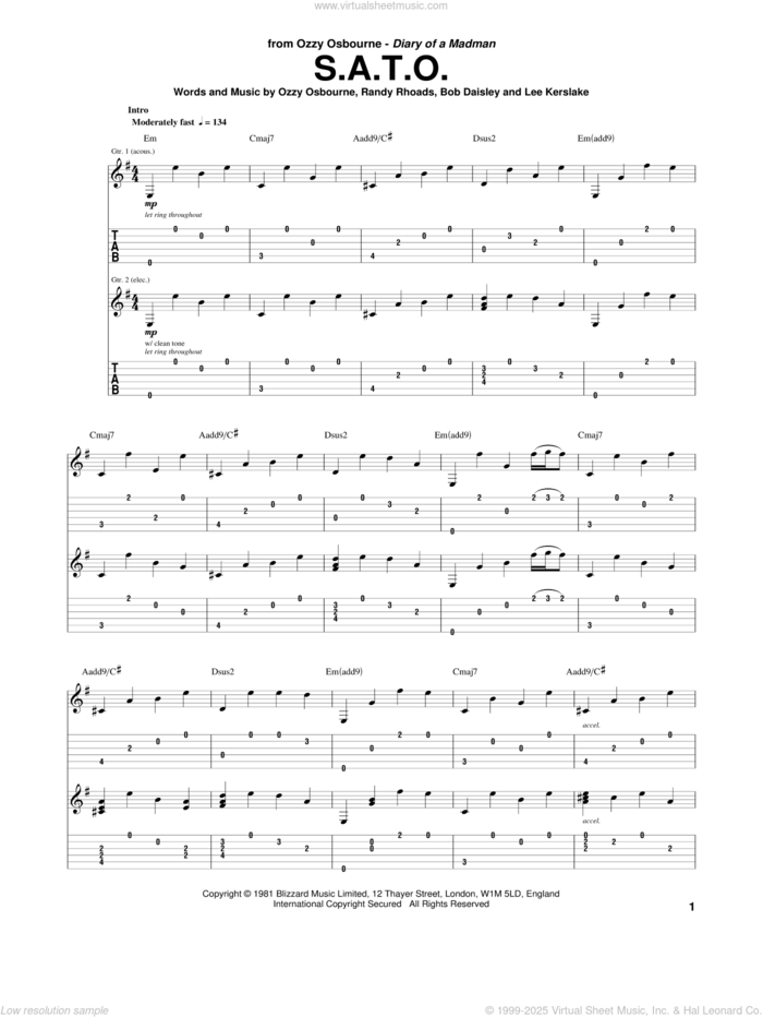 S.A.T.O. sheet music for guitar (tablature) by Ozzy Osbourne, Bob Daisley, Lee Kerslake and Randy Rhoads, intermediate skill level