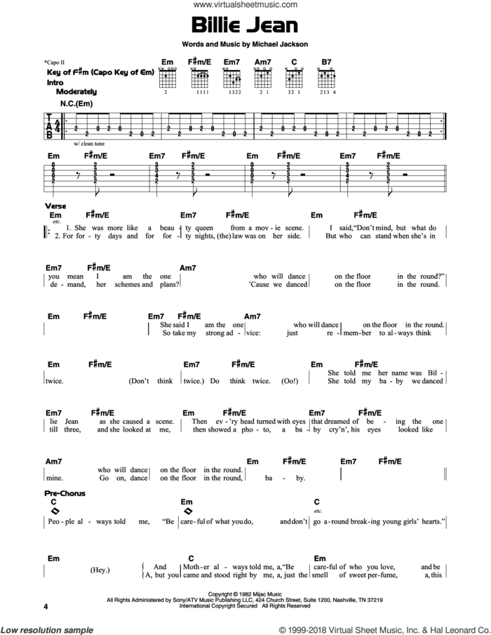 Billie Jean sheet music for guitar solo (lead sheet) by Michael Jackson and David Cook, intermediate guitar (lead sheet)