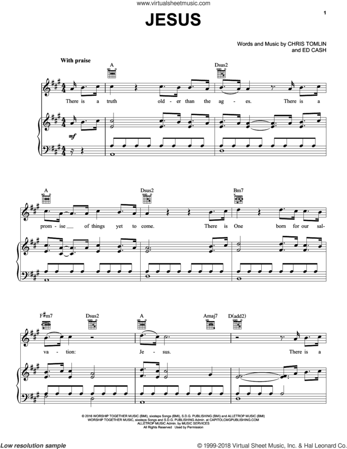 Jesus sheet music for voice, piano or guitar by Chris Tomlin and Ed Cash, intermediate skill level