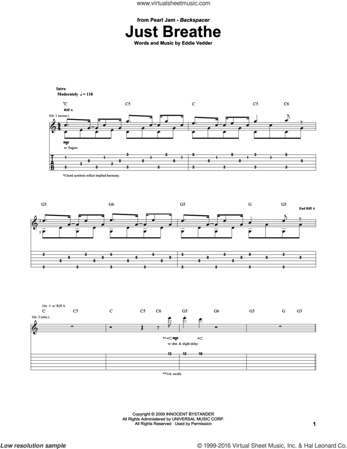Just Breathe sheet music for guitar (tablature) by Pearl Jam and Eddie Vedder, intermediate skill level