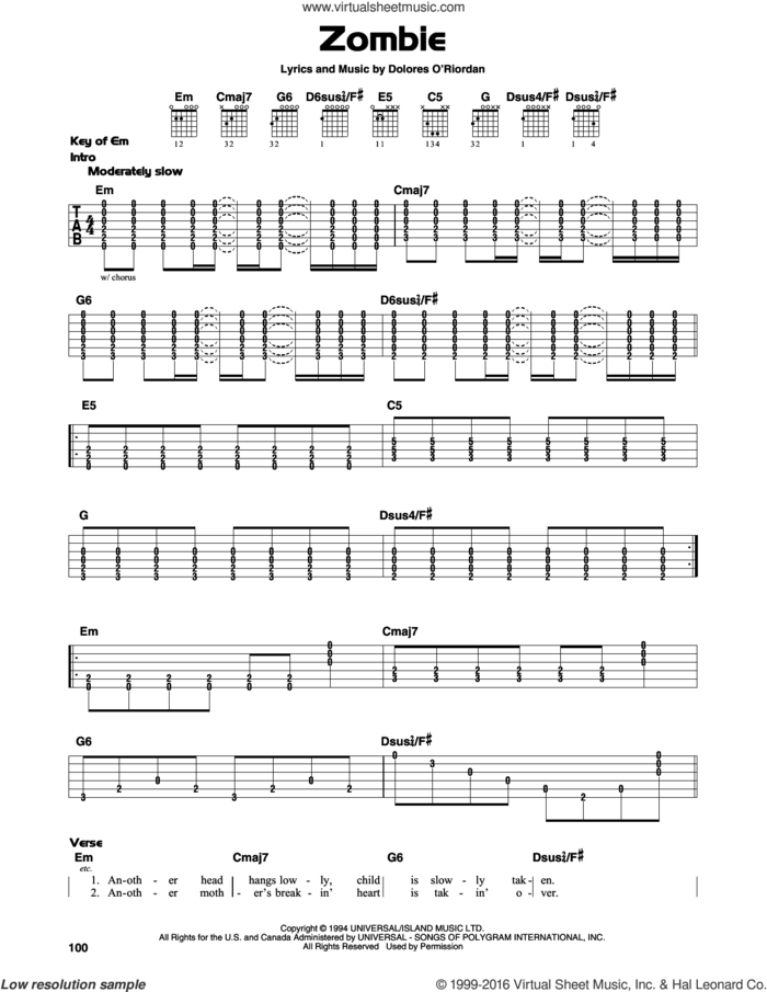 Zombie sheet music for guitar solo (lead sheet) by The Cranberries, intermediate guitar (lead sheet)
