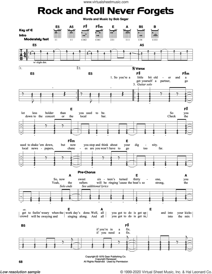 Rock And Roll Never Forgets sheet music for guitar solo (lead sheet) by Bob Seger, intermediate guitar (lead sheet)