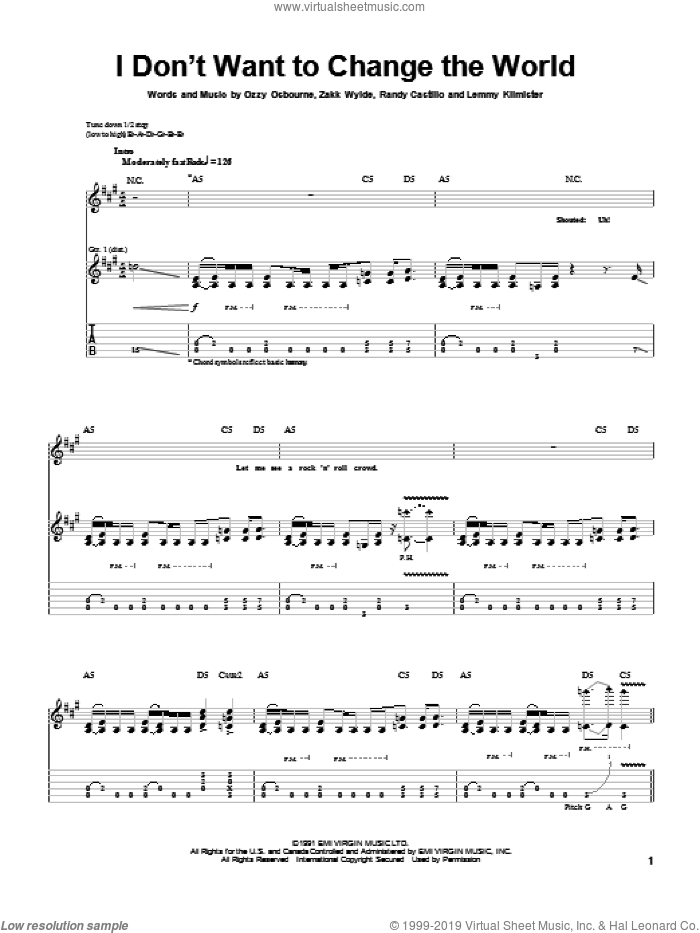 I Don't Want To Change The World sheet music for guitar (tablature) by Ozzy Osbourne, Lemmy Kilmister and Randy Castillo, intermediate skill level