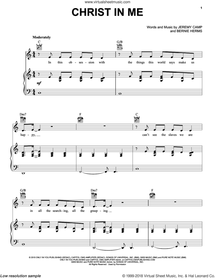 Christ In Me sheet music for voice, piano or guitar by Jeremy Camp and Bernie Herms, intermediate skill level