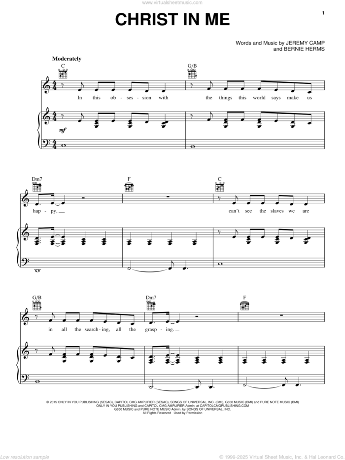 Christ In Me sheet music for voice, piano or guitar by Jeremy Camp and Bernie Herms, intermediate skill level