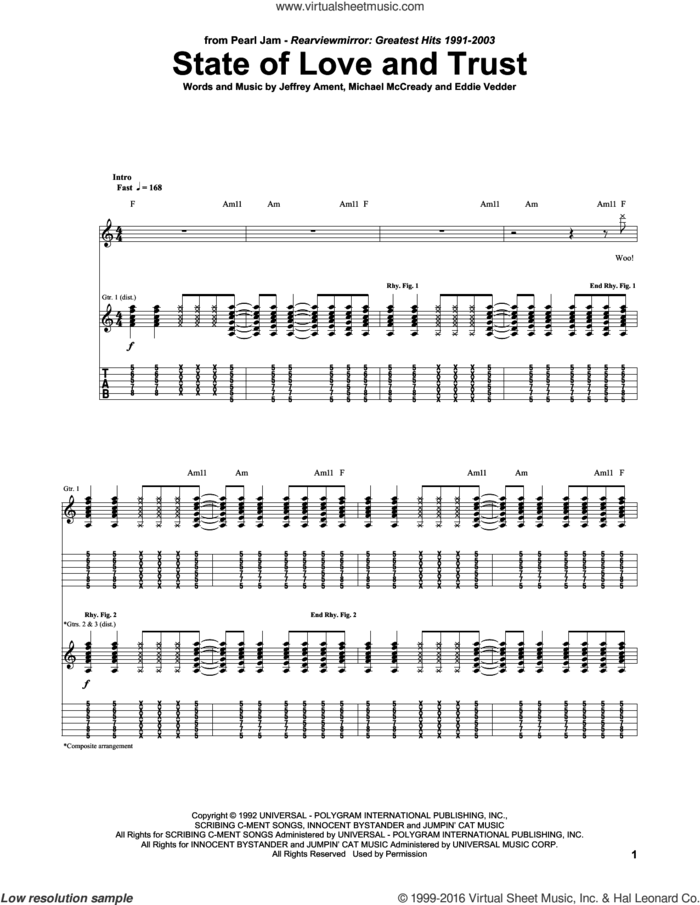 State Of Love And Trust sheet music for guitar (tablature) by Pearl Jam, Eddie Vedder, Jeffrey Ament and Michael McCready, intermediate skill level