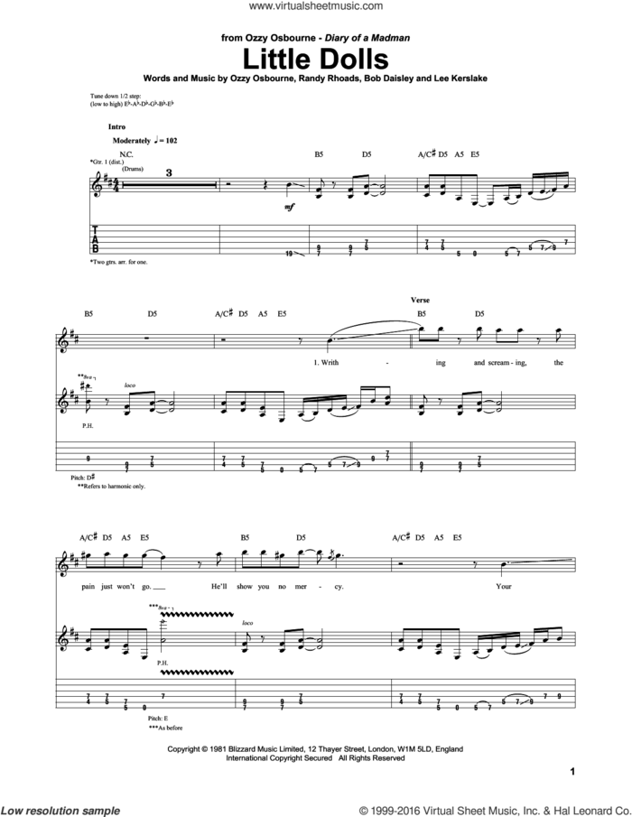 Little Dolls sheet music for guitar (tablature) by Ozzy Osbourne, Bob Daisley, Lee Kerslake and Randy Rhoads, intermediate skill level
