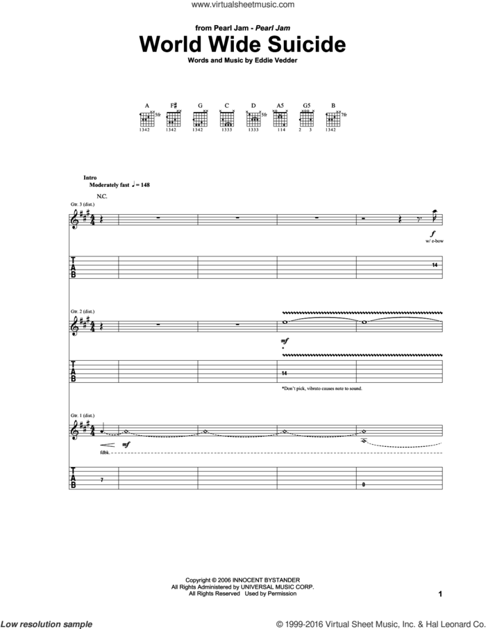 World Wide Suicide sheet music for guitar (tablature) by Pearl Jam and Eddie Vedder, intermediate skill level