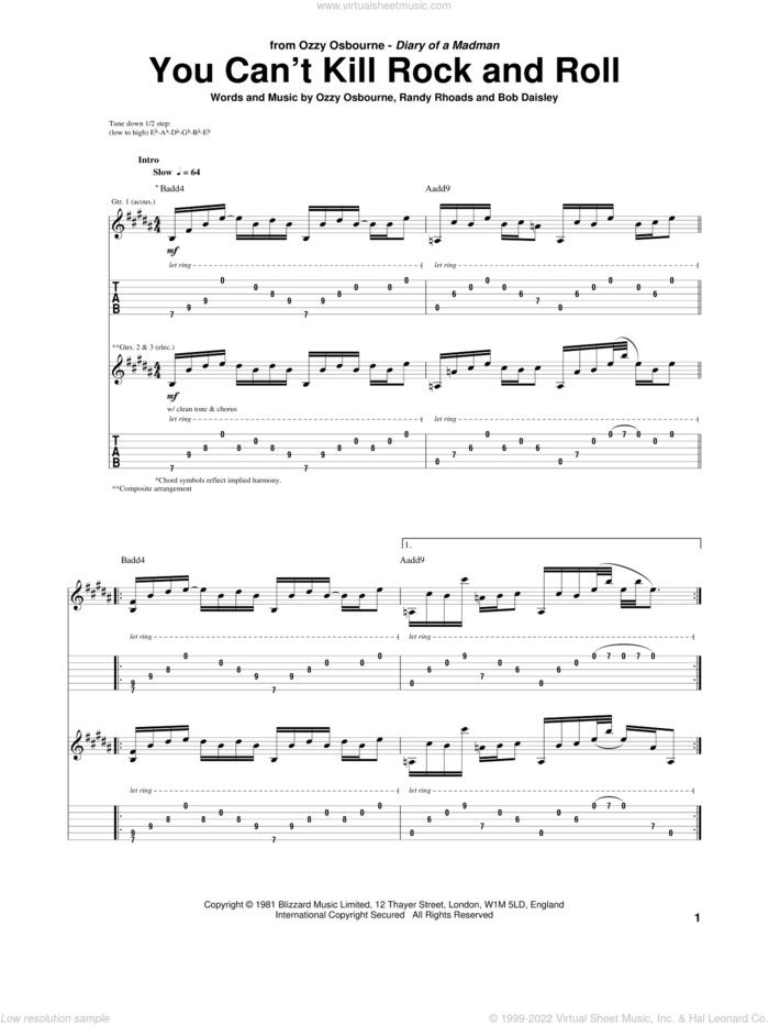 You Can't Kill Rock And Roll sheet music for guitar (tablature) by Ozzy Osbourne, Bob Daisley and Randy Rhoads, intermediate skill level