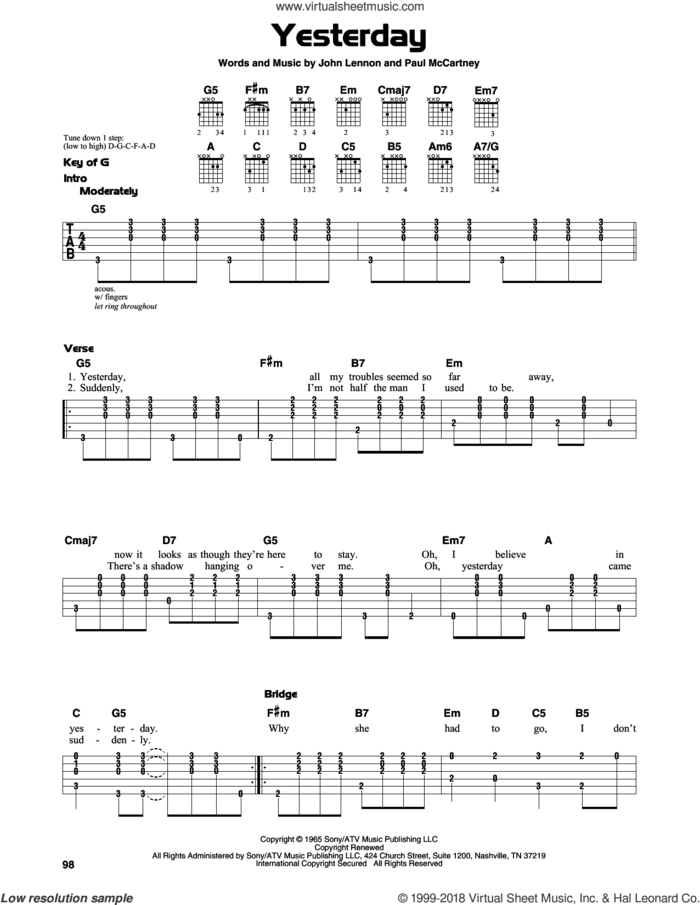 Yesterday sheet music for guitar solo (lead sheet) by The Beatles, John Lennon and Paul McCartney, intermediate guitar (lead sheet)