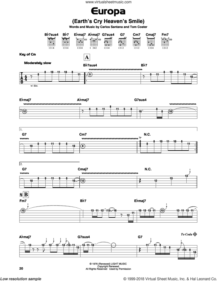 Europa sheet music for guitar solo (lead sheet) by Carlos Santana and Thomas Coster, intermediate guitar (lead sheet)
