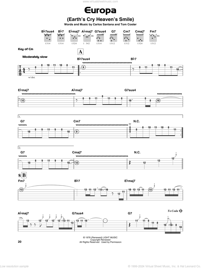 Europa sheet music for guitar solo (lead sheet) by Carlos Santana and Thomas Coster, intermediate guitar (lead sheet)