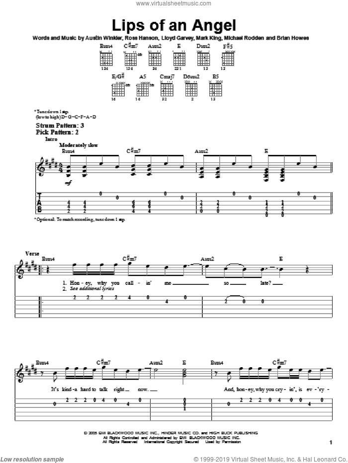 Lips Of An Angel sheet music for guitar solo (easy tablature) by Hinder, Jack Ingram, Austin Winkler, Brian Howes, Lloyd Garvey, Mark King, Michael Rodden and Ross Hanson, easy guitar (easy tablature)