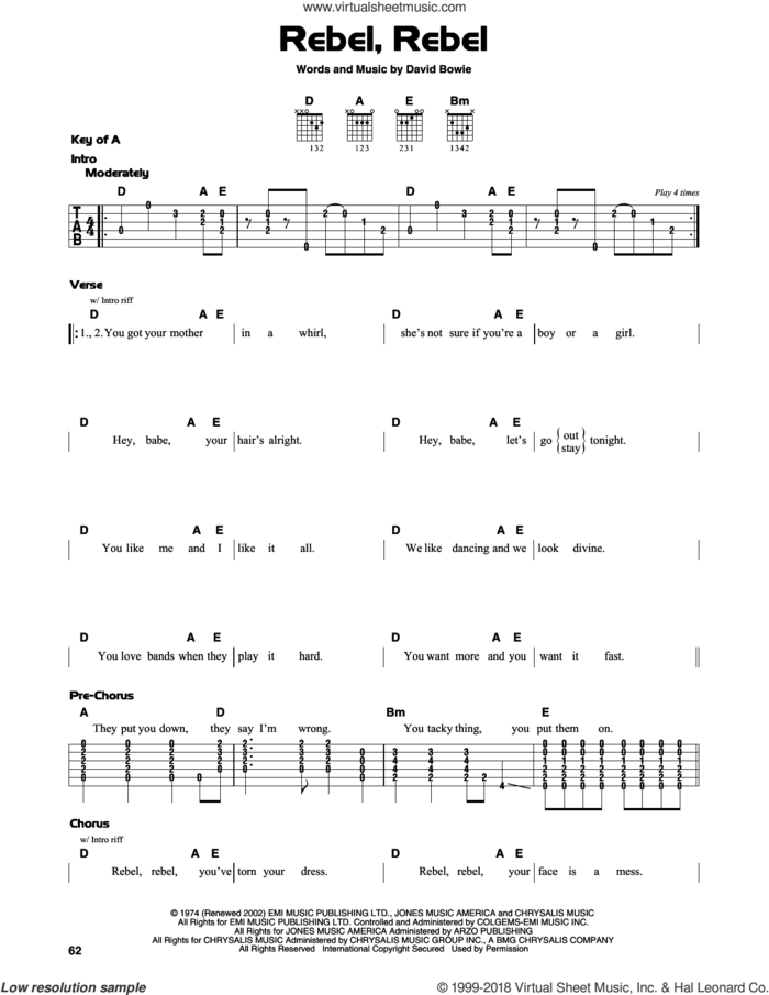 Rebel, Rebel sheet music for guitar solo (lead sheet) by David Bowie, intermediate guitar (lead sheet)