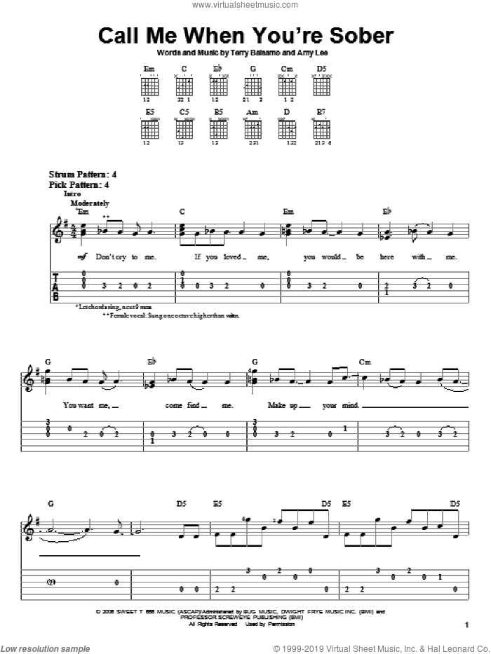 Call Me When You're Sober sheet music for guitar solo (easy tablature) by Evanescence, Amy Lee and Terry Balsamo, easy guitar (easy tablature)