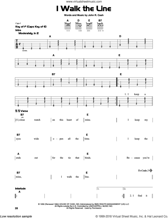 I Walk The Line sheet music for guitar solo (lead sheet) by Johnny Cash, intermediate guitar (lead sheet)