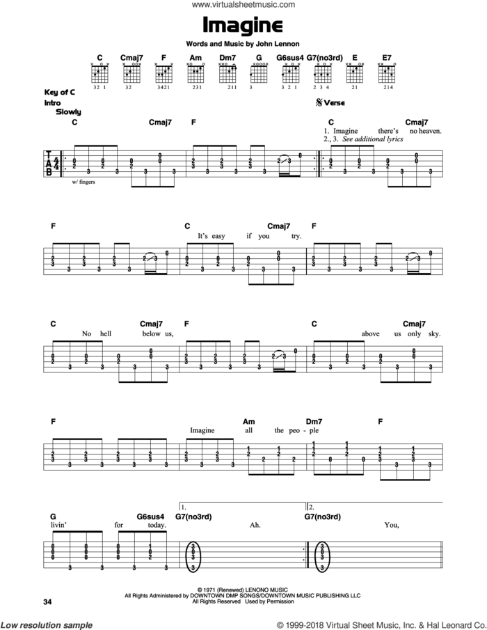 Imagine sheet music for guitar solo (lead sheet) by John Lennon and John Lennon and the Plastic Ono Band, intermediate guitar (lead sheet)