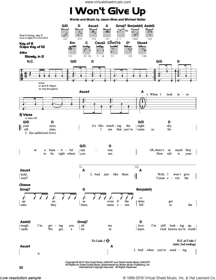 I Won't Give Up sheet music for guitar solo (lead sheet) by Jason Mraz and Michael Natter, intermediate guitar (lead sheet)