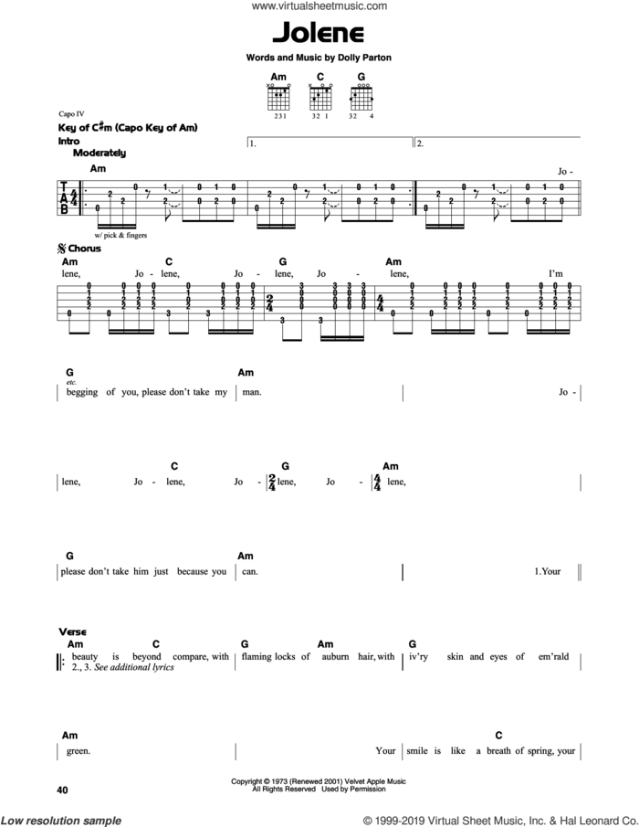 Jolene sheet music for guitar solo (lead sheet) by Dolly Parton, intermediate guitar (lead sheet)
