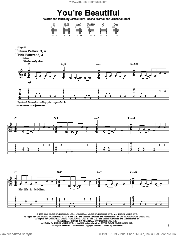 You're Beautiful sheet music for guitar solo (easy tablature) by James Blunt, Amanda Ghost and Sacha Skarbek, easy guitar (easy tablature)