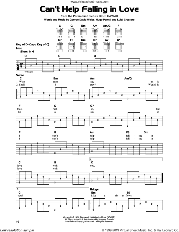 Can't Help Falling In Love sheet music for guitar solo (lead sheet) by Elvis Presley, Hugo Peretti and Luigi Creatore, wedding score, intermediate guitar (lead sheet)