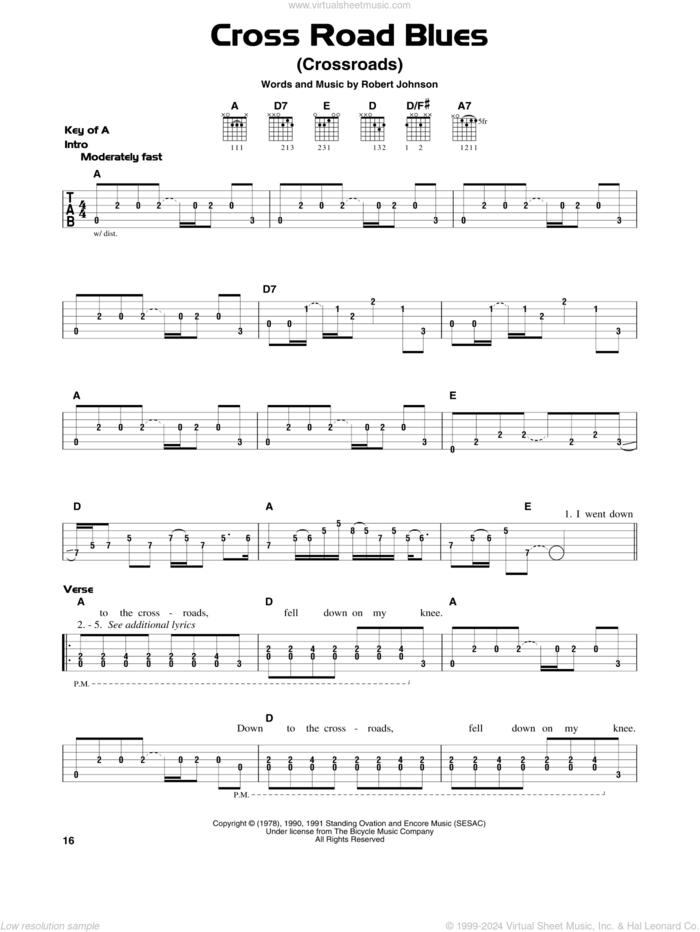 Cross Road Blues (Crossroads) sheet music for guitar solo (lead sheet) by Cream, Eric Clapton and Robert Johnson, intermediate guitar (lead sheet)